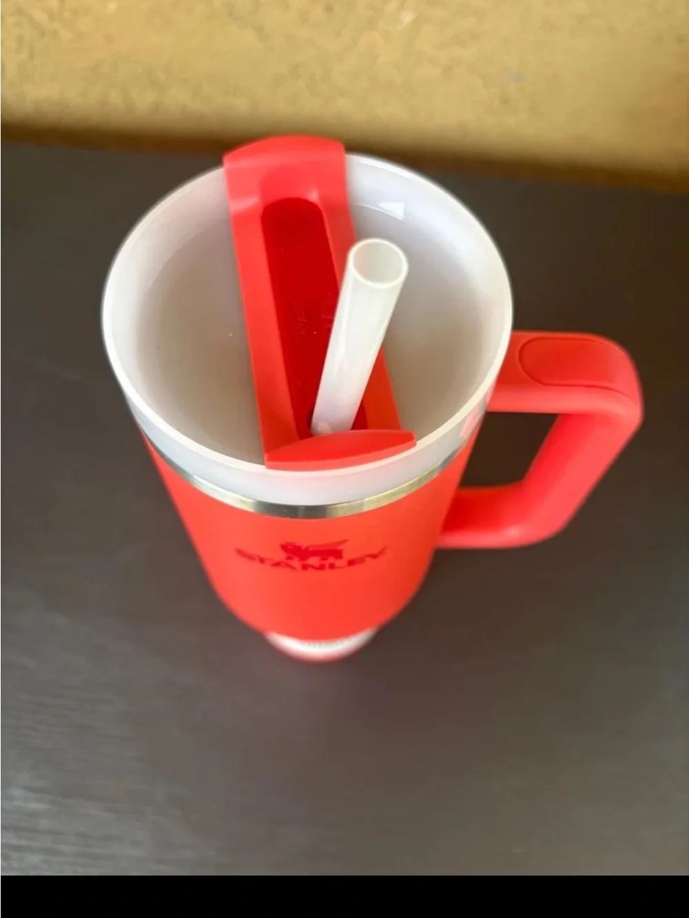 Stanley Coral Red Travel Tumbler with Handle - Picture 2 of 4